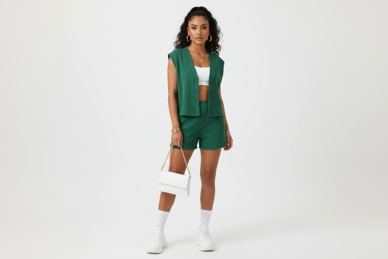 lady wearing a Green Sleeveless Short Vest & Shorts Set