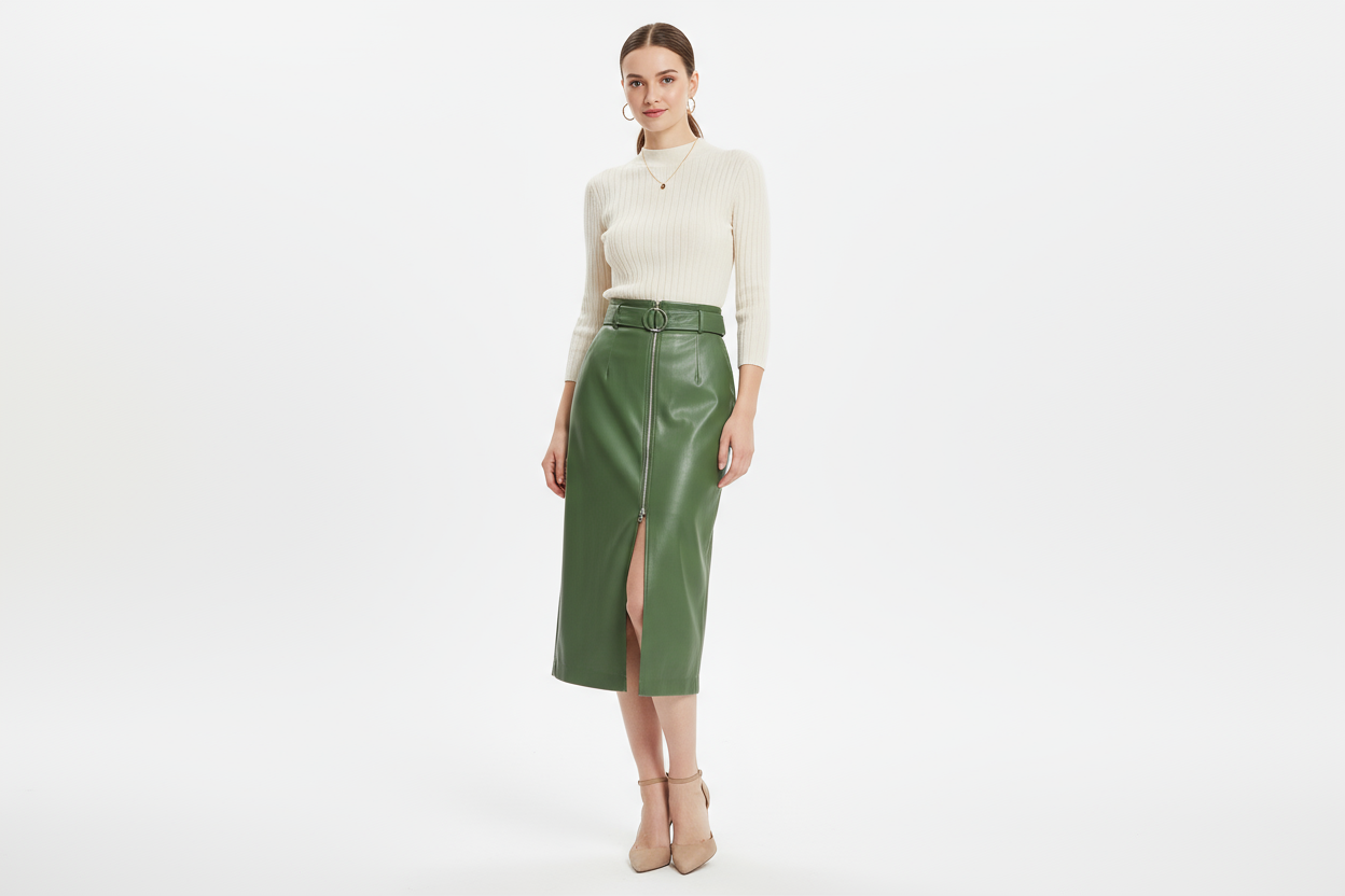 lady wearing a nice green Women Casual Slit High Waist Pu Leather Skirt with zip and belt