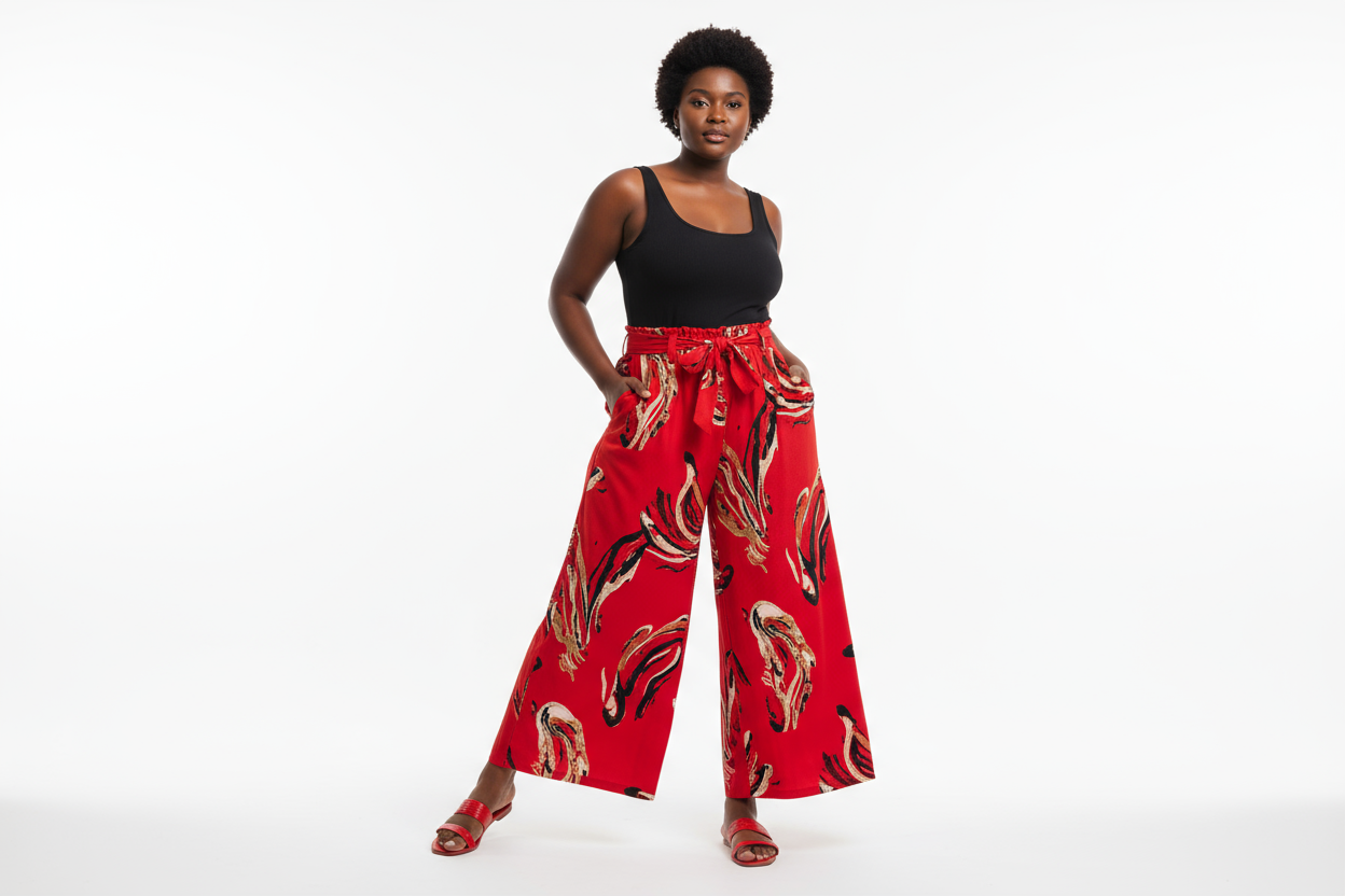 Lady wearing a red Plus Size Women Casual Tie Print Pocket Wide Leg Pants