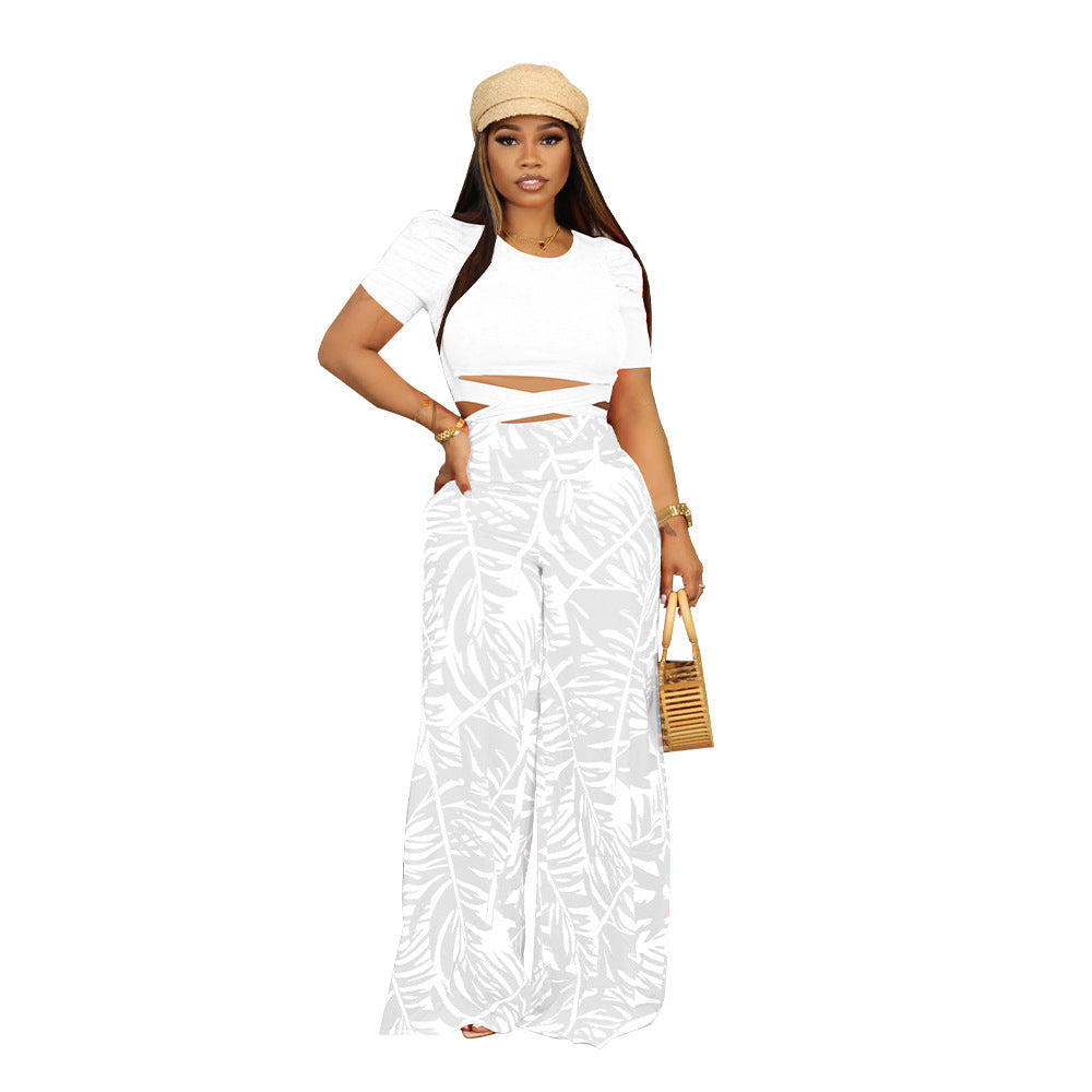 Women's Summer Round Neck Belted Printed Wide Leg Pants Casual Set 3