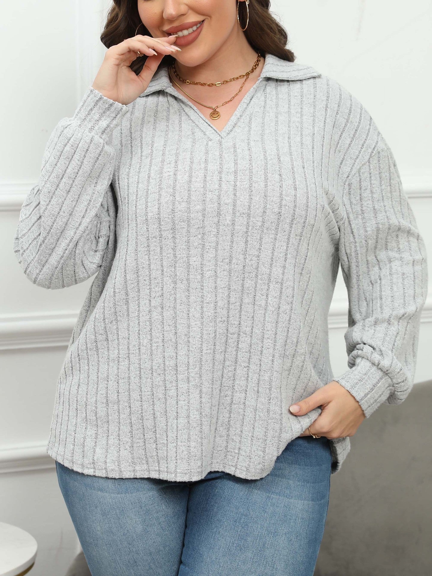 Women's Tops Plus Size Women's Turndown Collar Knitting Shirt Ribbed Basic Casual T-Shirt 10