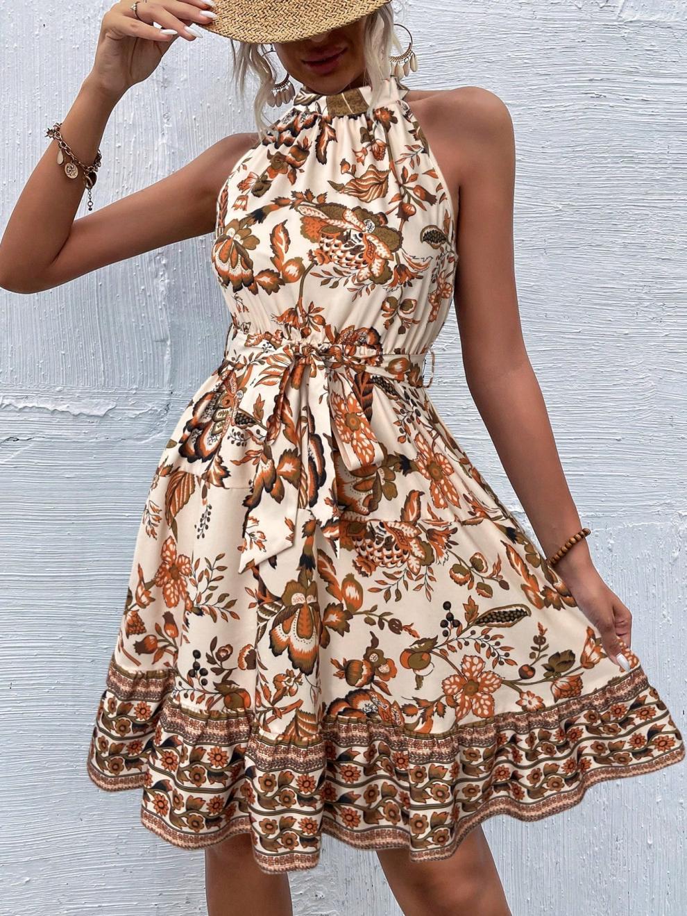 Women Floral Halter Neck Sleeveless Dress