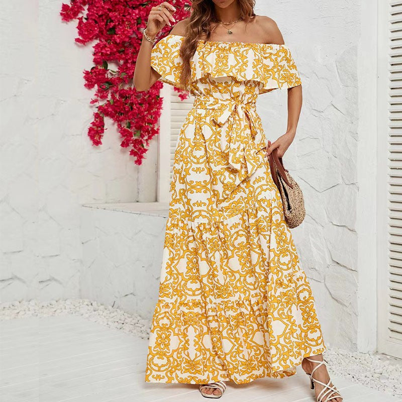 Women Off Shoulder Short Sleeve Printed Ruffle Maxi Dress 3