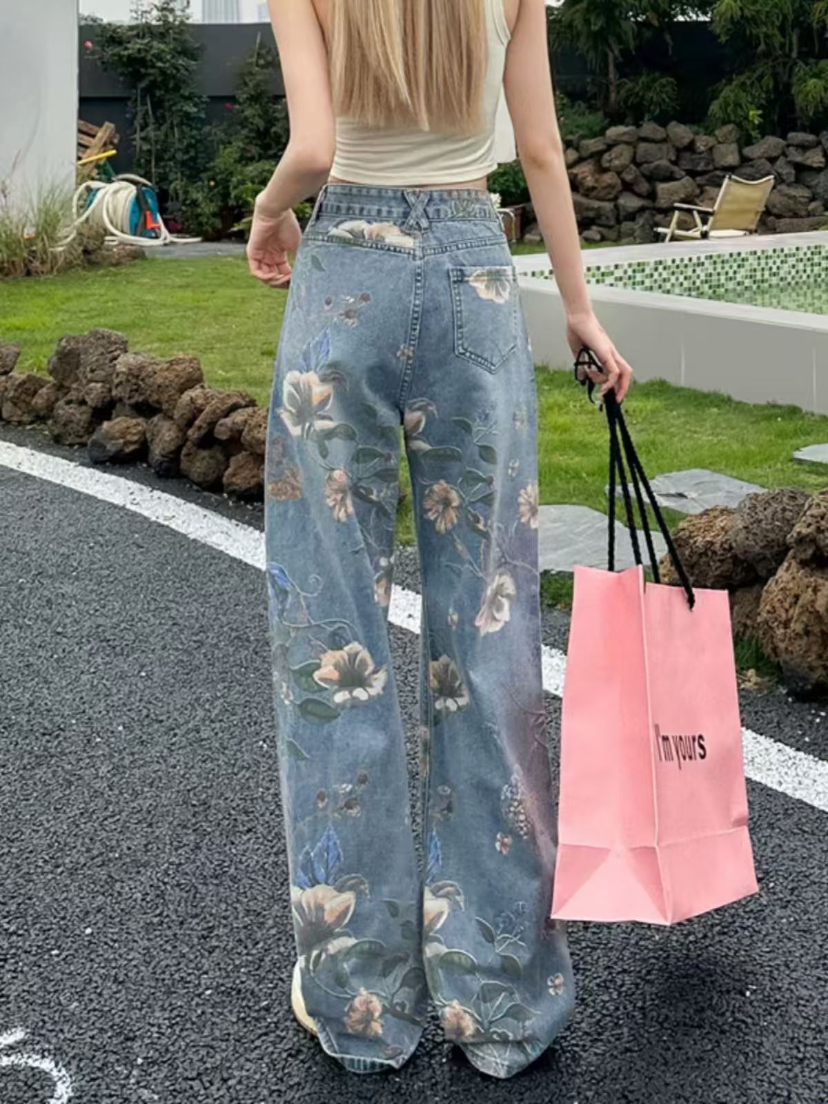Women American Retro Printed Wide Leg Denim Pants 5