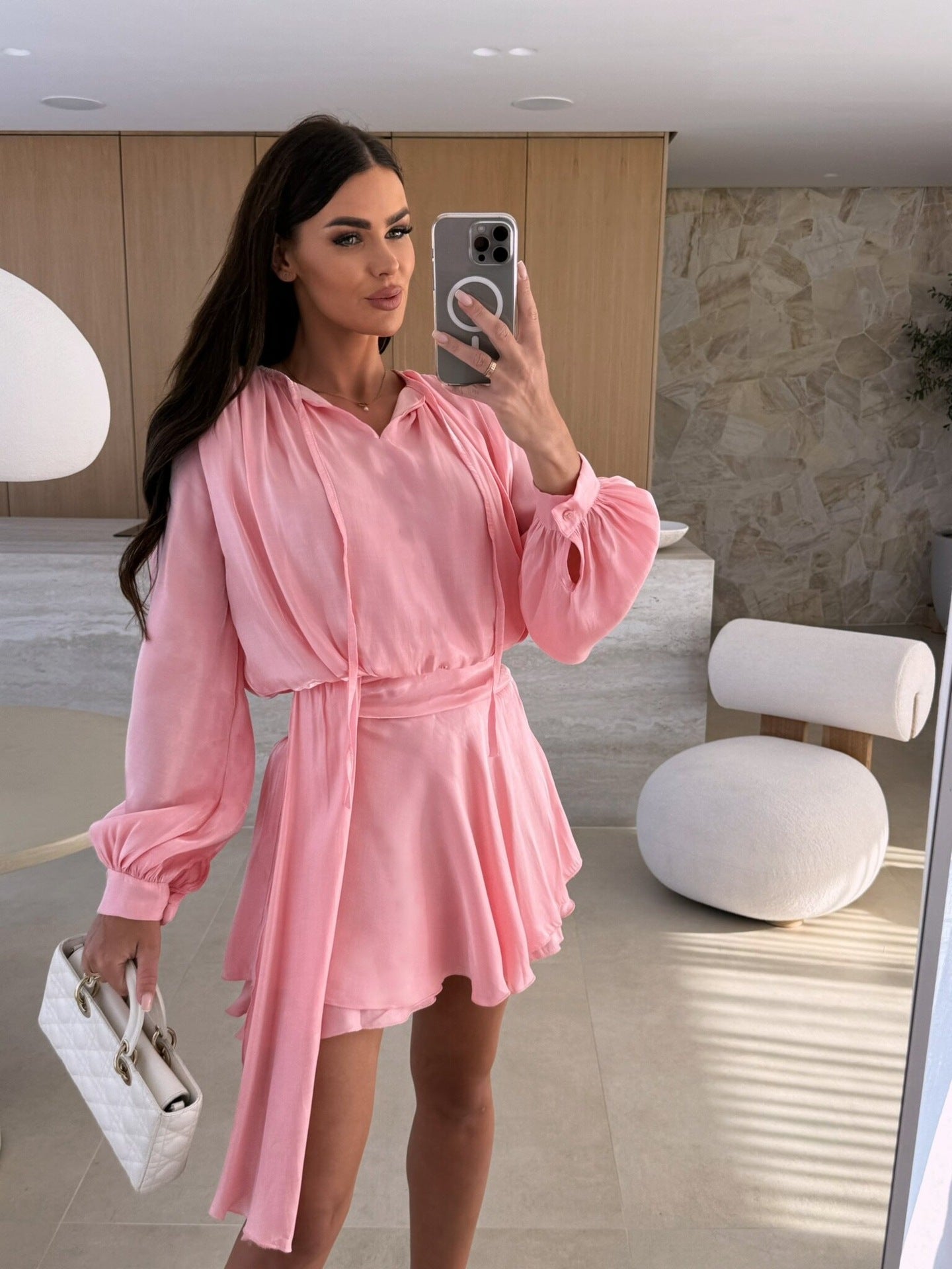 Women solid long sleeve v-neck lace casual dress 4