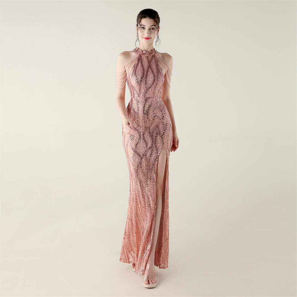 Sequin Beaded Off-Shoulder Halter Fishtail Evening Dress 9