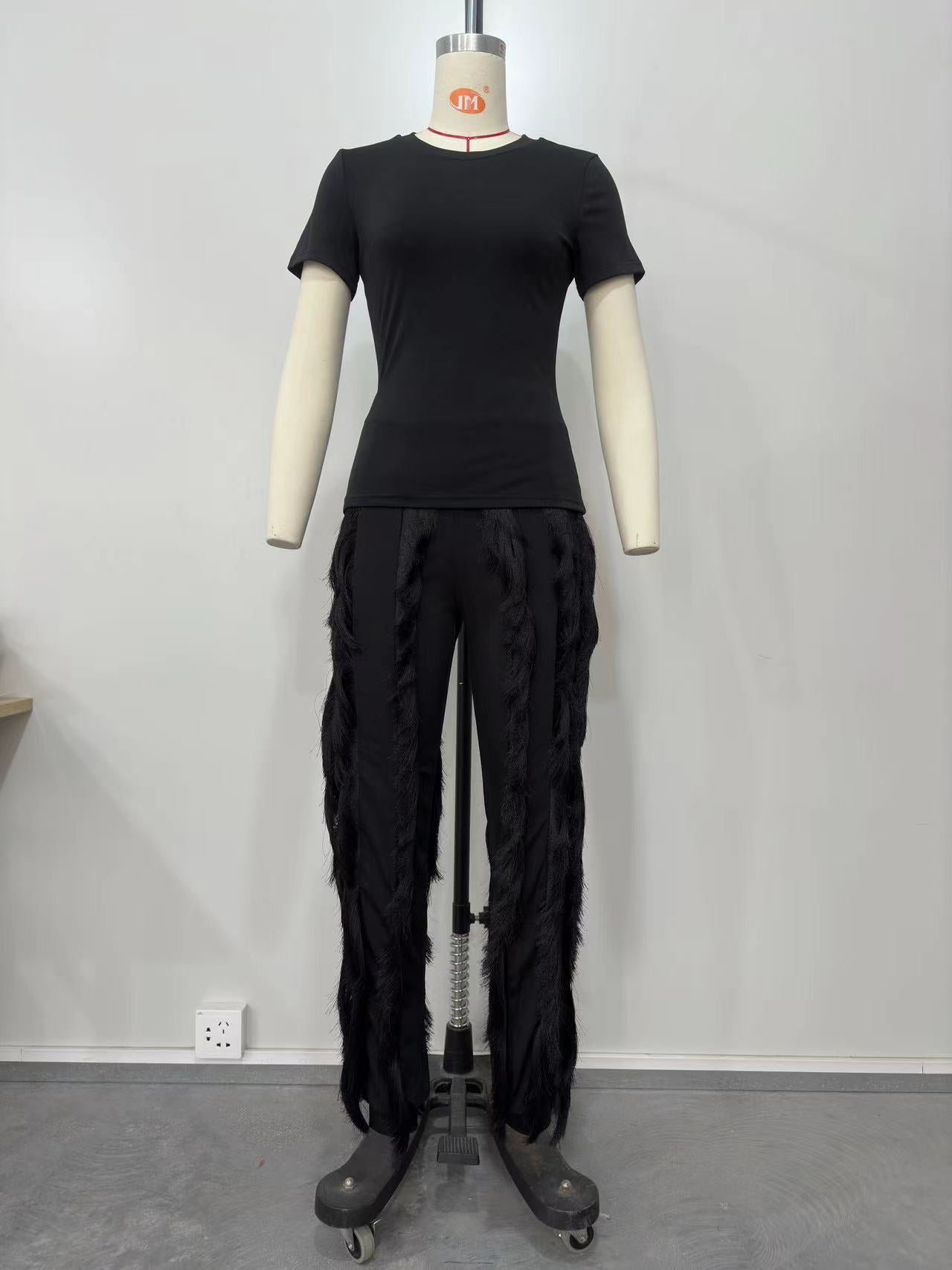 Ladies Suit Tassel Lace Fashion Multicolor Spring Summer Solid Color Sports Top + Pants Set 17