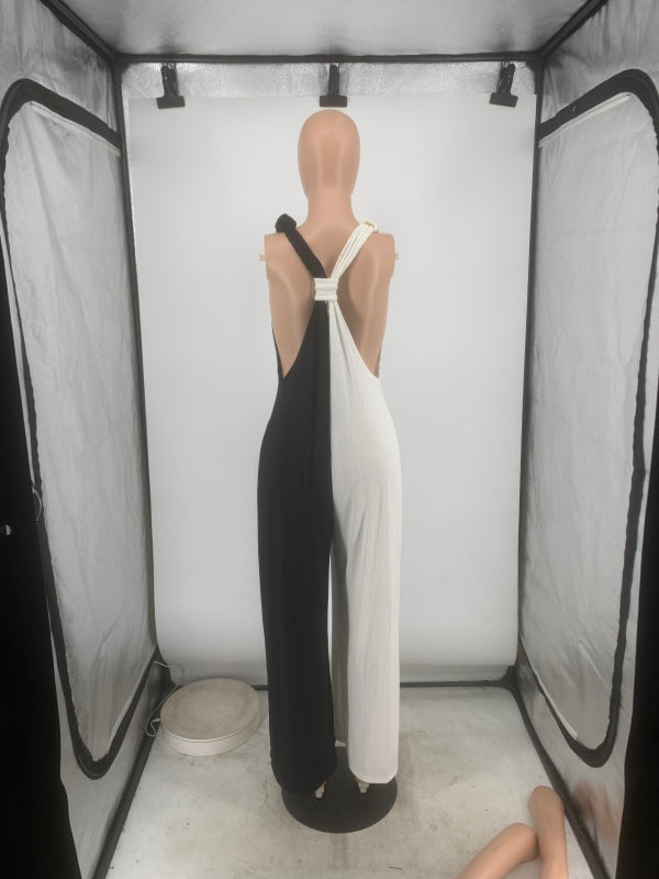 Women's Black And White Contrast V-Neck Straps Wide Leg Jumpsuit 9