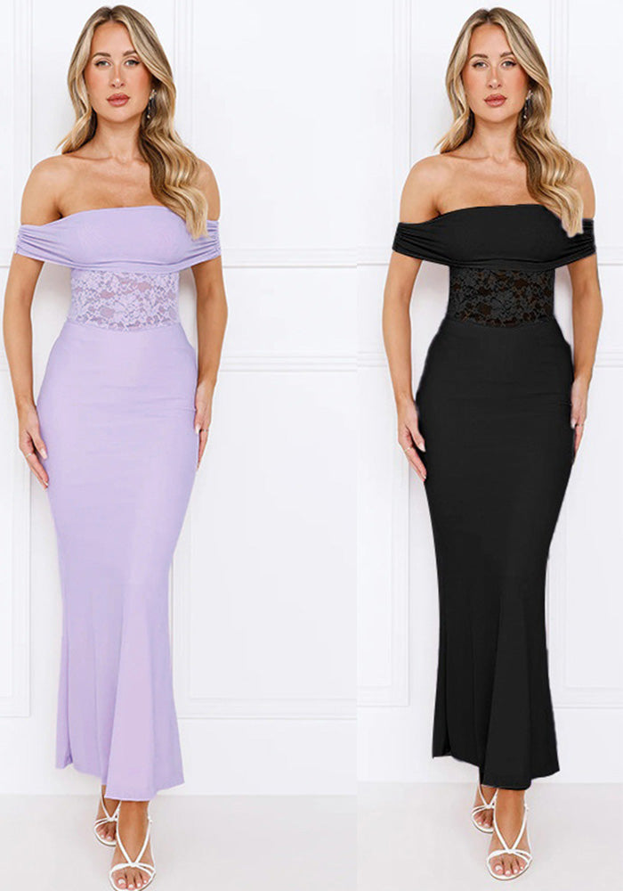 Women Strapless Off Shoulder Lace Patchwork Dress