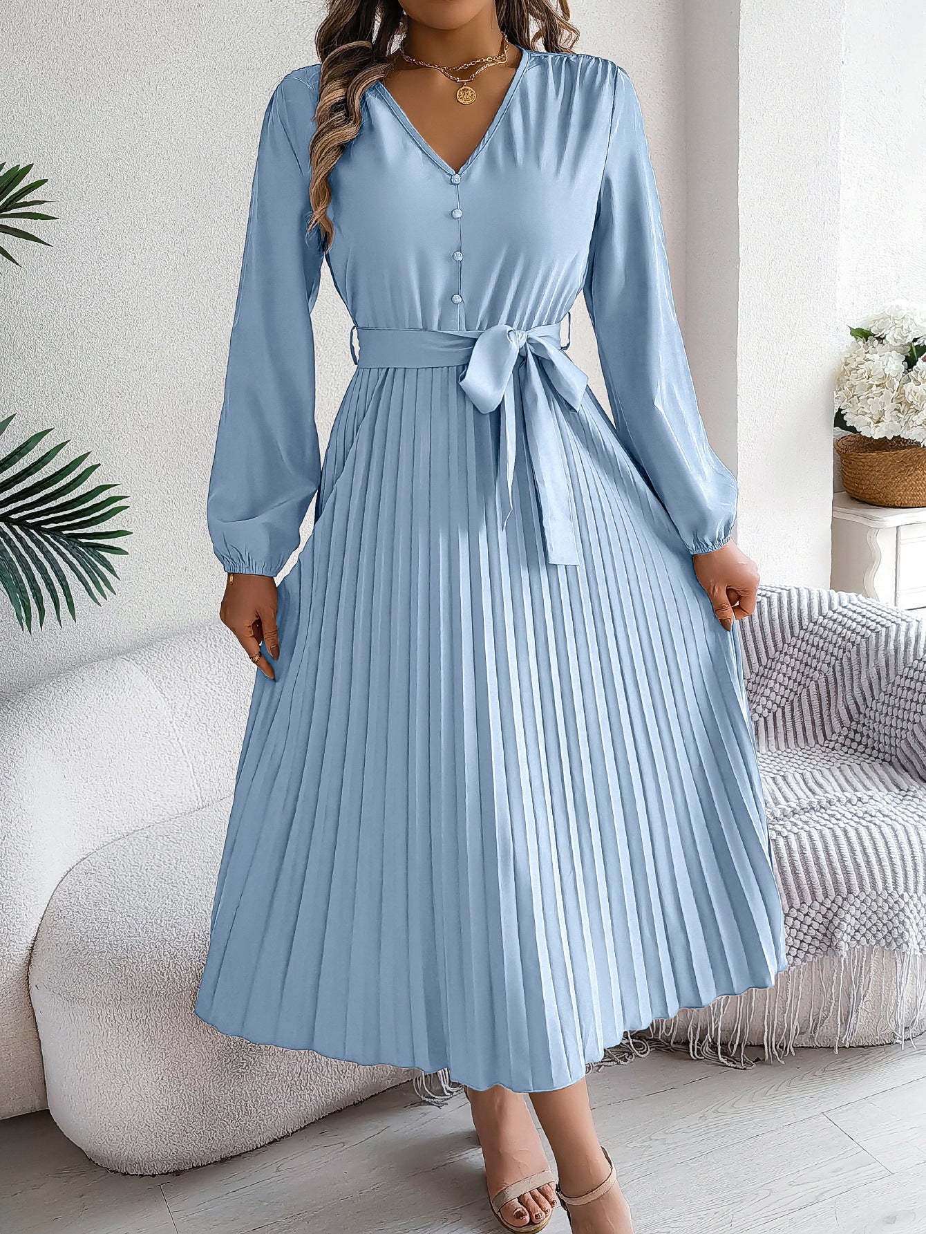 Women Elegant V-neck Button Lace-up Pleated Dress 3