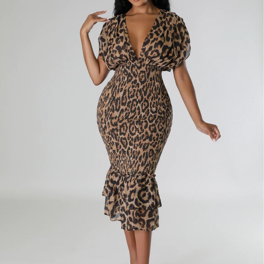 Summer v-neck Low Back Slim Fit leopard print Slim Waist sexy dress 4