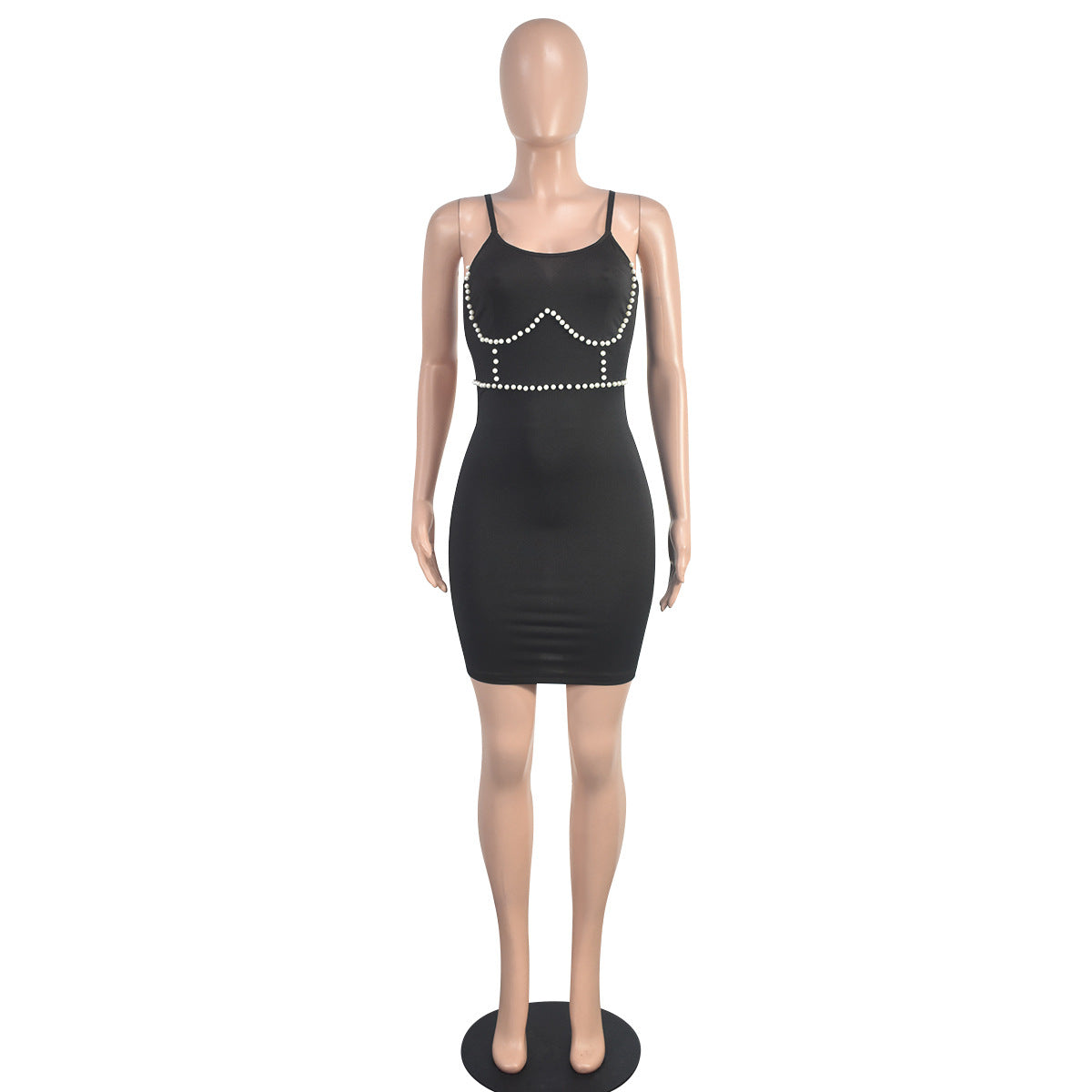 Women Solid Suspender Beaded Backless Bodycon Dress 7