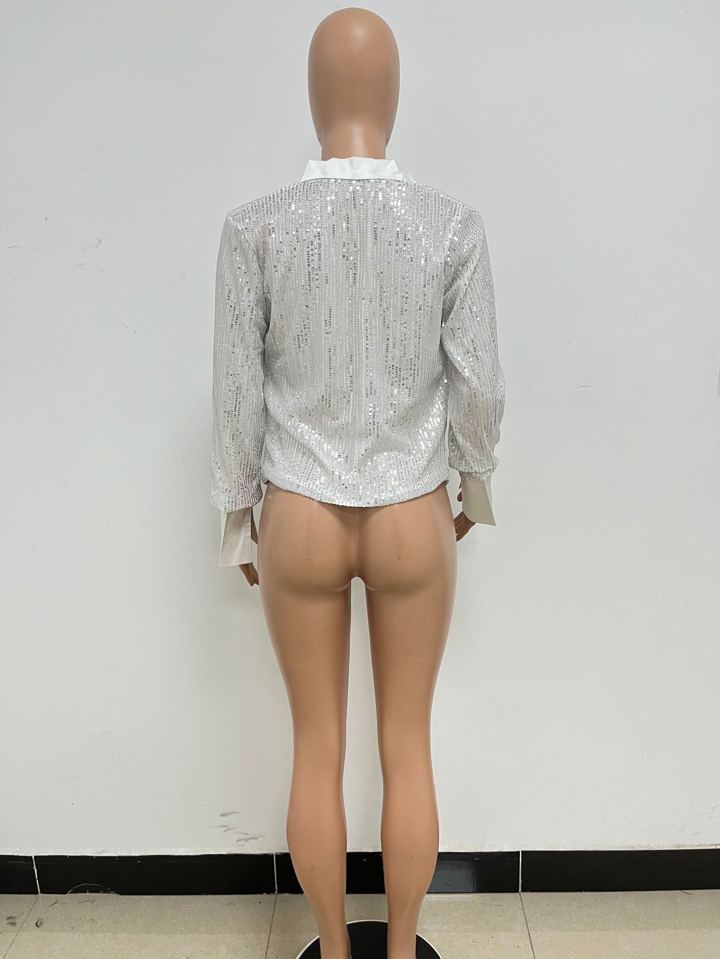 Women's Deep V Pleated Loose Ladies Chic Sequin Long Sleeve Shirt 35