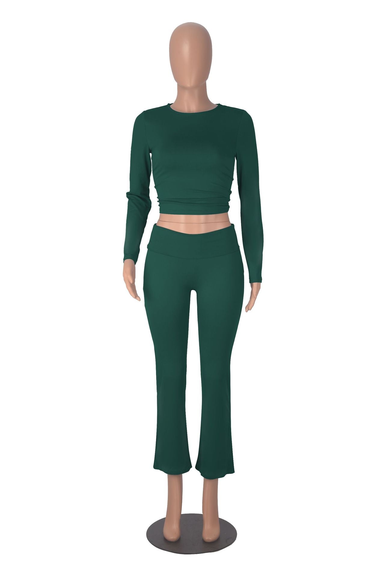 Women long sleeve round neck top and bell bottom pant two-piece set 30
