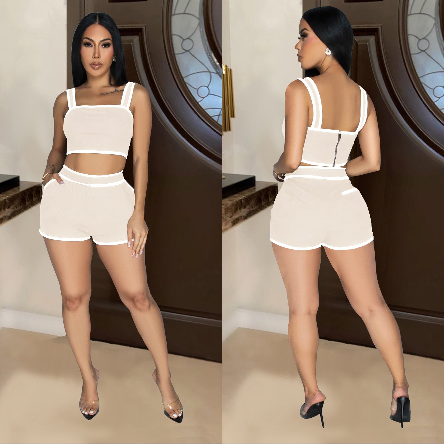 Women Solid Strapless Top Shorts Two-Piece Set 3