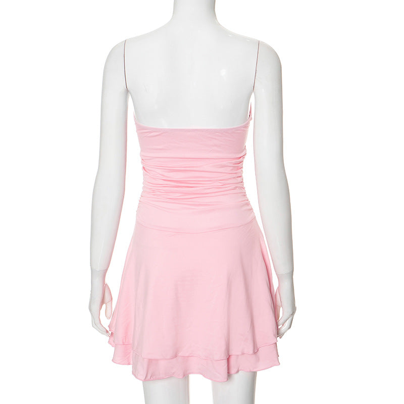 Women Pleated Skirt Solid Strapless Dress 16