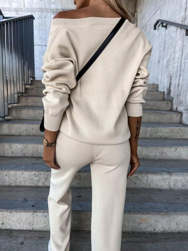 Beige V-Neck Casual Long SLeeve Top Pants Two Piece Lounge Set 3