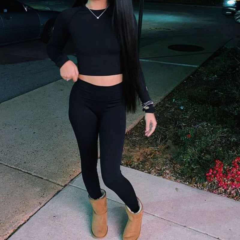 Women Fall Round Neck Long-Sleeved Top and Pants Two-Piece Set 4