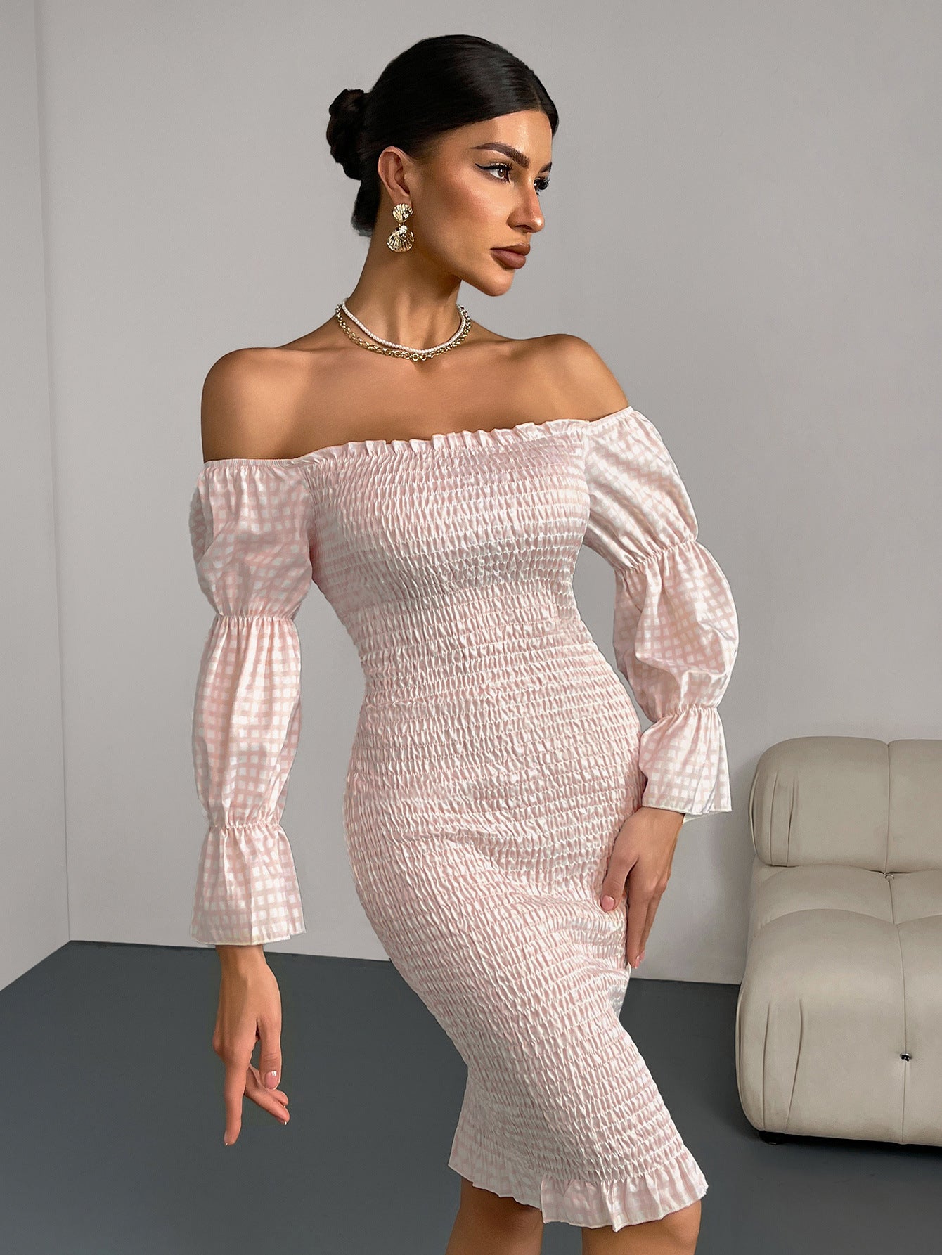 Women Elegant Party Summer Sexy Off Shoulder Long-sleeved Dress 6