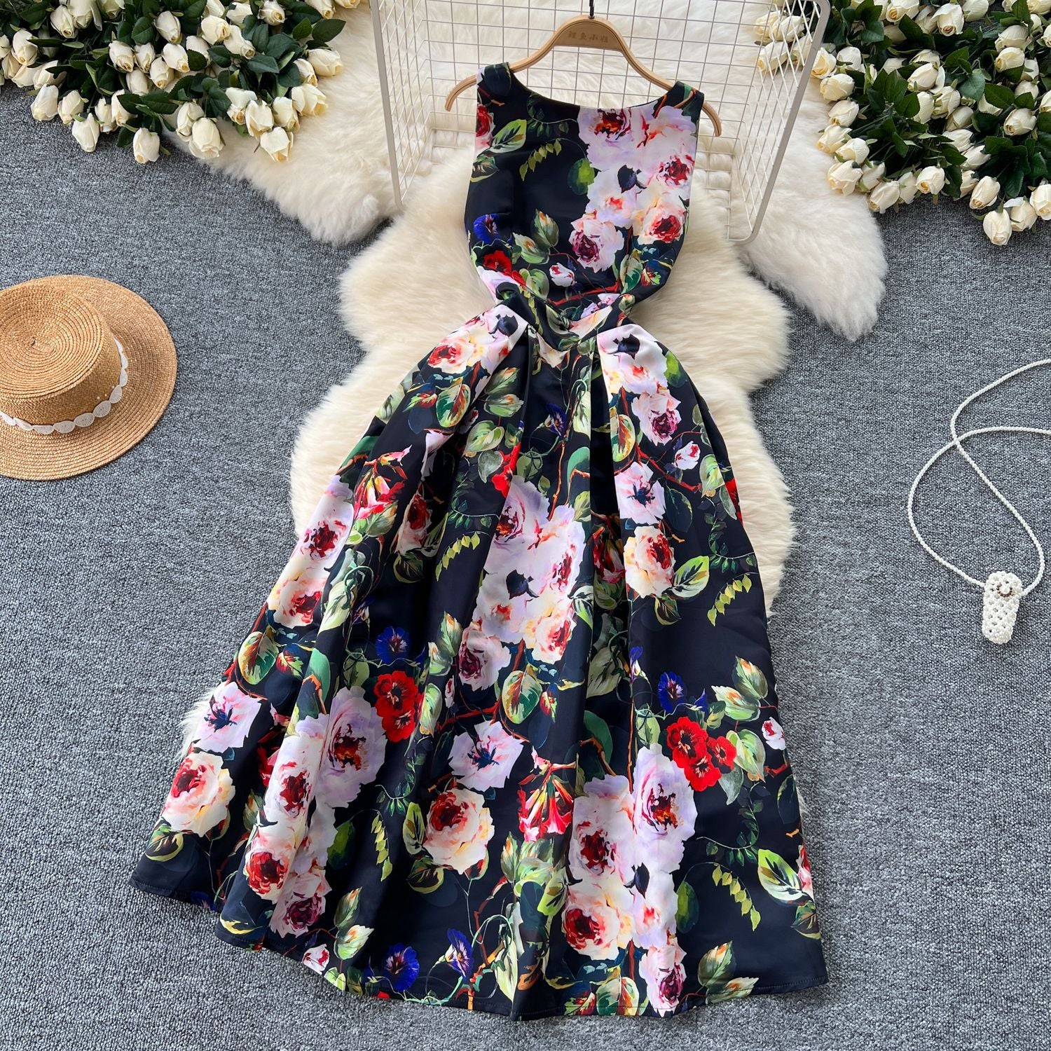 Fashion Printed Round Neck Slim Waist Pleated Flare Sleeveless Mini Dress 31