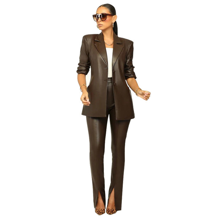 Women'S Pu Leather Turndown Collar Blazer Slit Tight Pants Two Piece Set 9