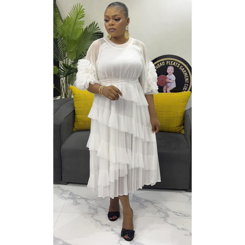 Plus Size African Women pleated Bell Bottom sleeve dress 5