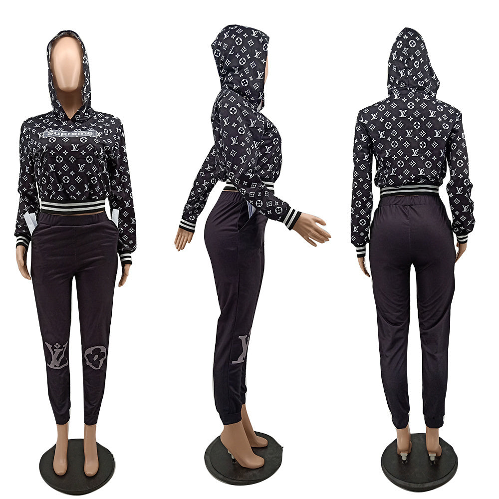 Women's Casual Fashion Ribbed Pocket Hoodies Two-Piece Pants Set 9