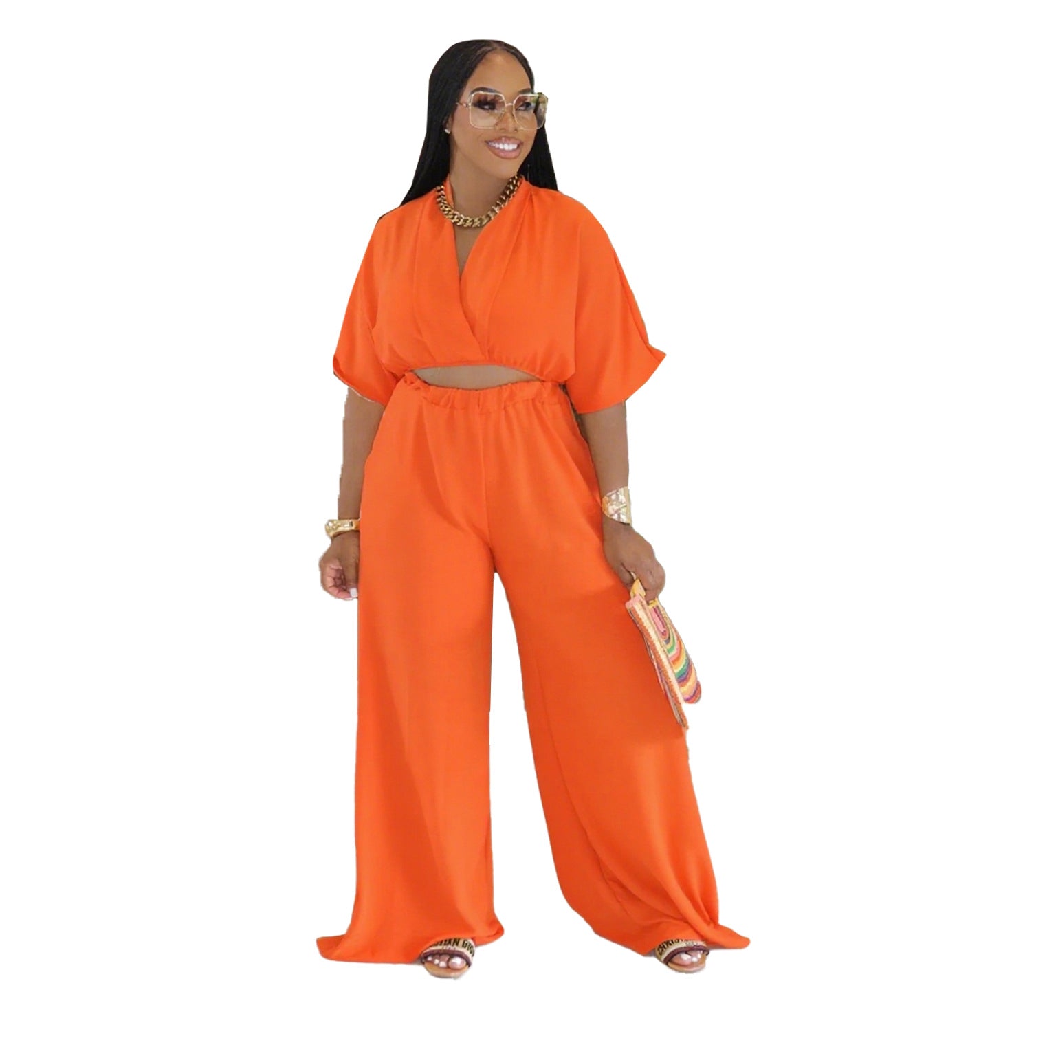 Women Casual V-Neck Crossover Top and Wide-Leg Pants Two-Piece Set 12