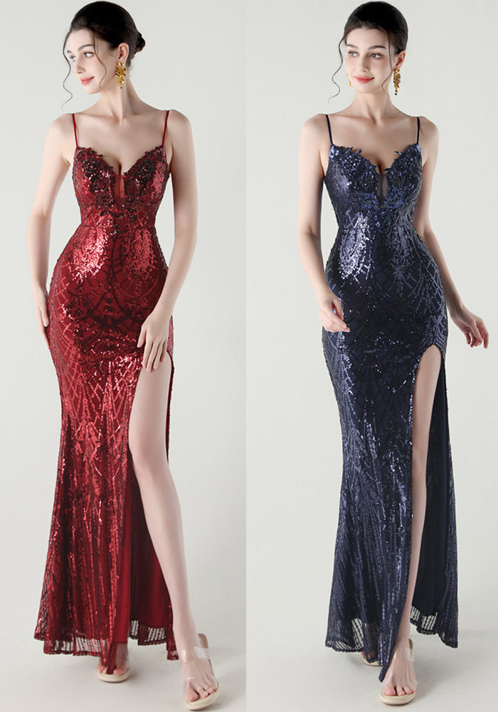 Women Beaded Tube Fishbone Lace-Up Sequin Formal Party Evening Dress
