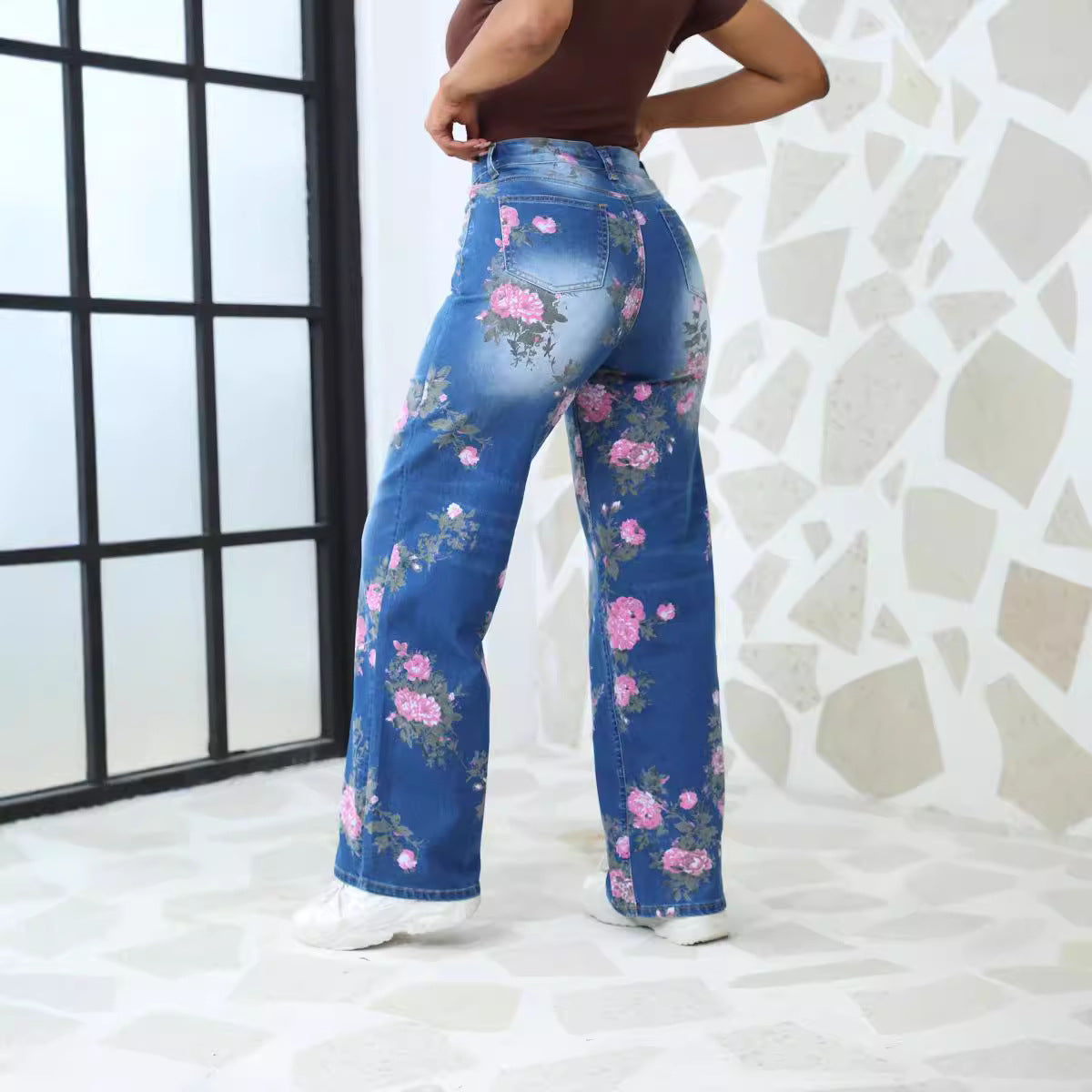 Plus Size Women Autumn Printed Denim Wide Leg Pants 3
