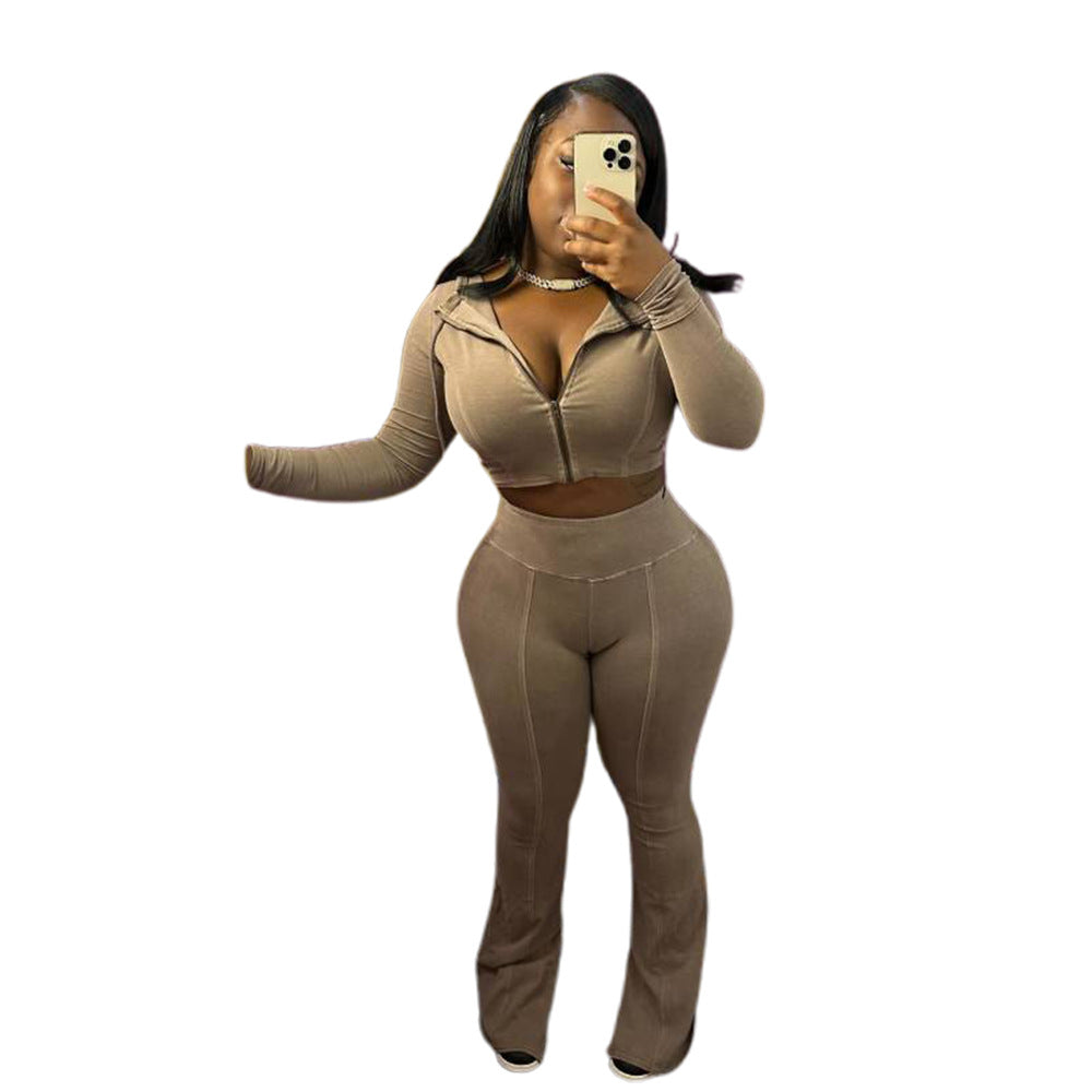 Women Washed Stretch Top and Slit Pants Two Piece Set 8