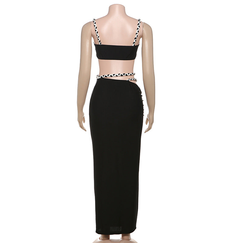 Spring/Summer Women's Contrast Color Tank Top and Sexy Slim Side Slit Skirt Set 9