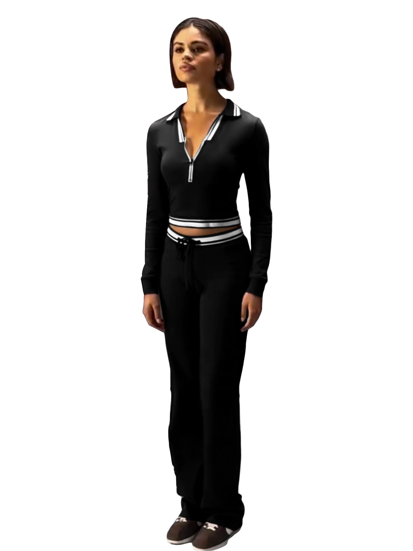 Women Turndown Collar Half-Zip Top and Drawstring Wide-Leg Pants Casual Athletic Two-Piece Set 20
