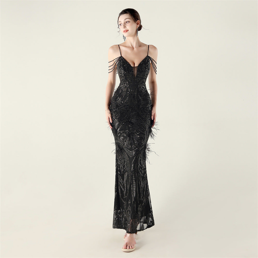 Women Beaded Feather Decoration Beaded Fishtail Evening Dress 9