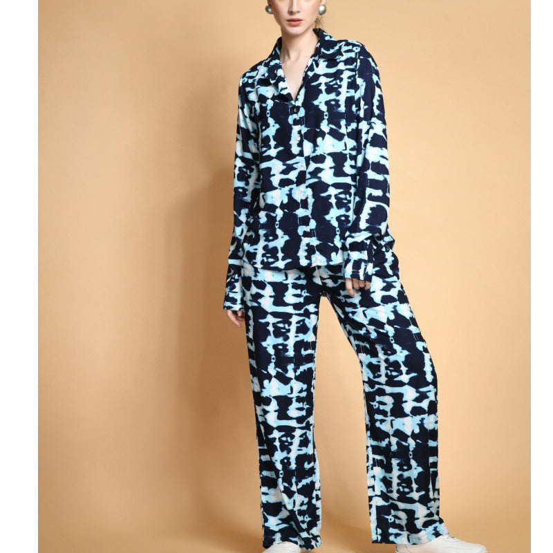 Women Tie Dye Printed Long Sleeve Shirt and Pant Two Piece Set