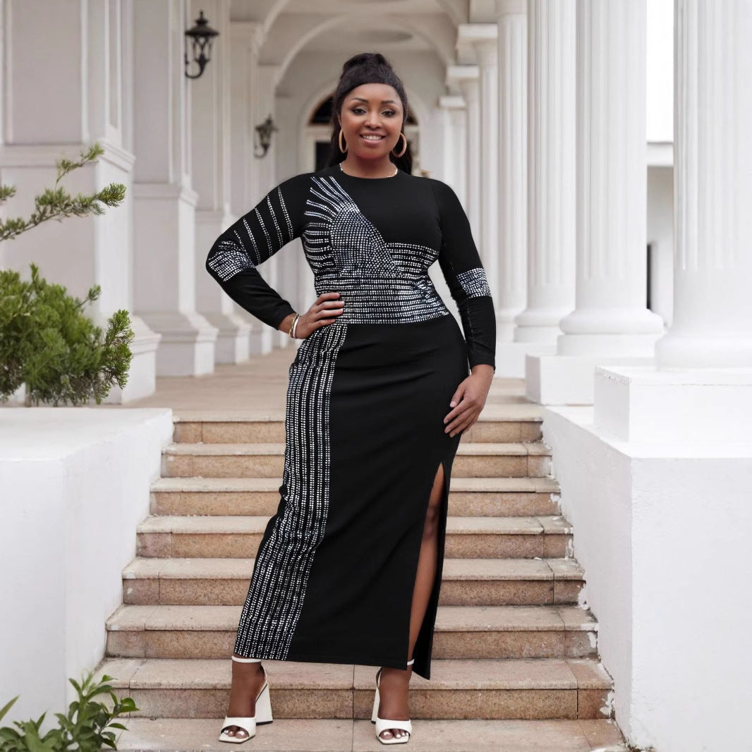 Sexy Long Sleeve Round Neck Beaded Split Dress Plus Size Women's Nightclubwear 9