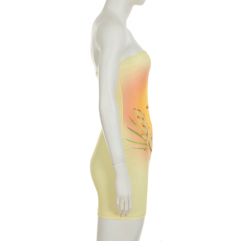 Women Sexy Holidays Butterfly Print Contrast Strapless Bodycon Dress 8