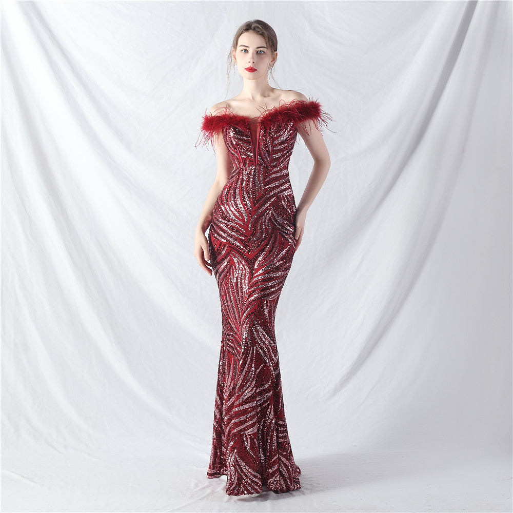 Elegant feather off shoulder sequin Fishtail Plus Size Formal Party Evening Dress 10