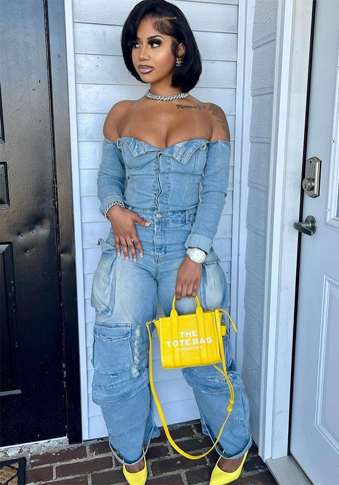Women's Autumn Winter Off Shoulder Buttoned Multi-Pocket Washed Denim Jumpsuit