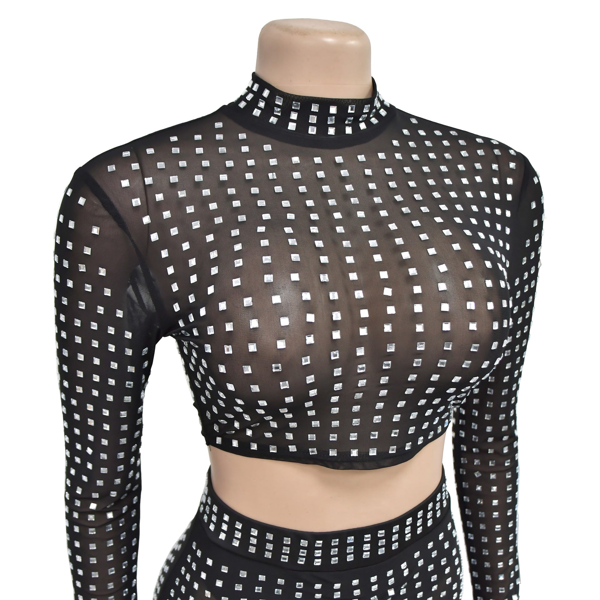 Women Solid Beaded Mesh Top and Pants Two-piece Set 15