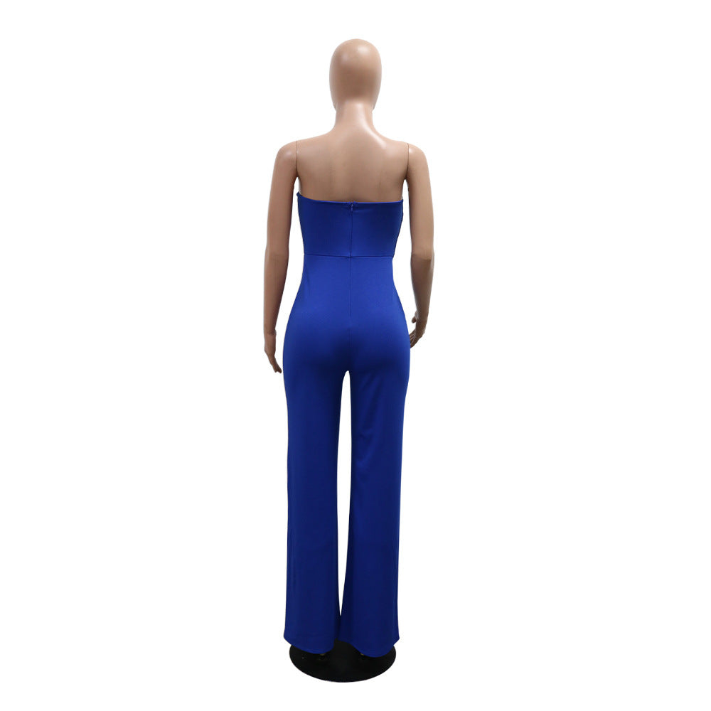 Solid Color Strapless Irregular Loose Wide-Leg Jumpsuit 10