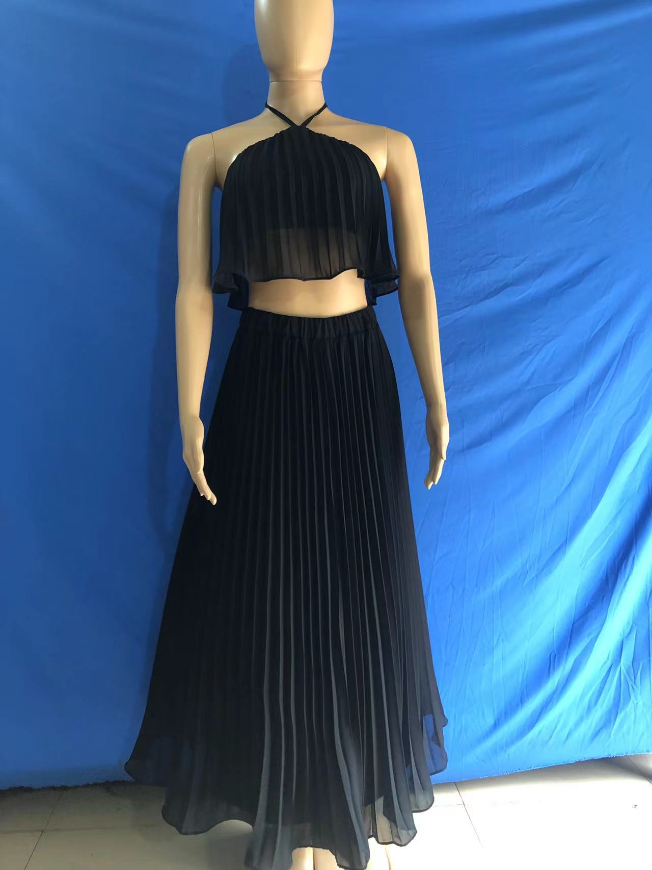 Women Summer Casual Solid Sleeveless Pleated Lace-Up Pleated Skirt 7