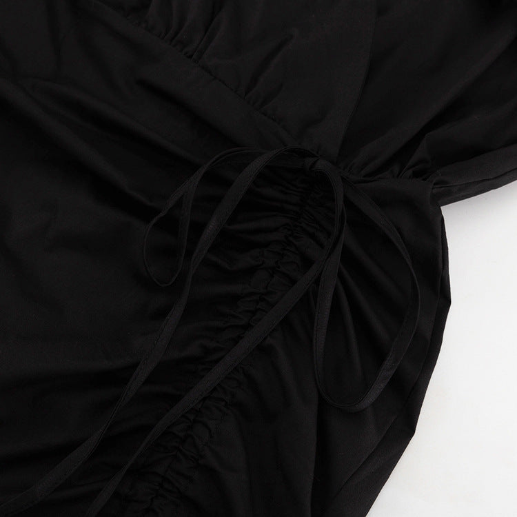 White Ruffled Women's Sexy V-Neck Puff Sleeve Drawstring High Waist Dress 16