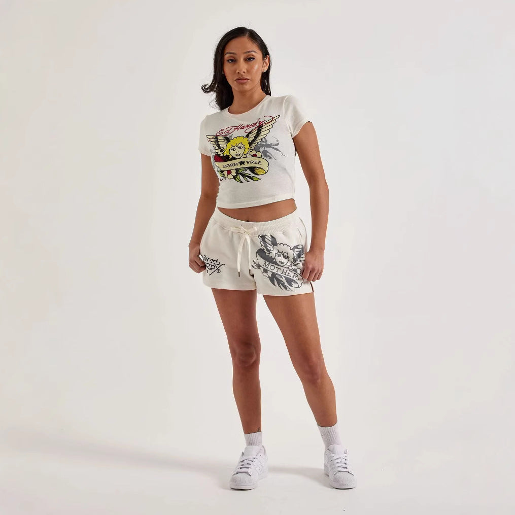 Women Print Short Sleeve Top and Shorts Two-piece Set