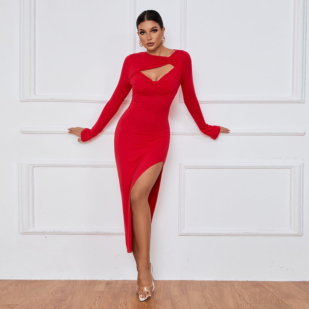 Women Hollow Knot Long Sleeve Sexy Slit Dress 5