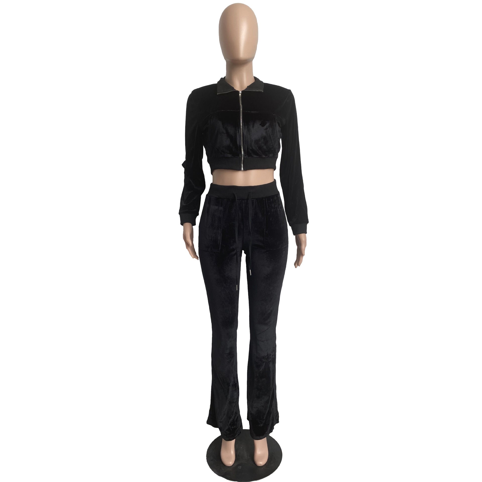 Women's Solid Color Velvet Long Sleeve Sexy Zipper Crop Top Pants Casual Sports Two Piece Set 36