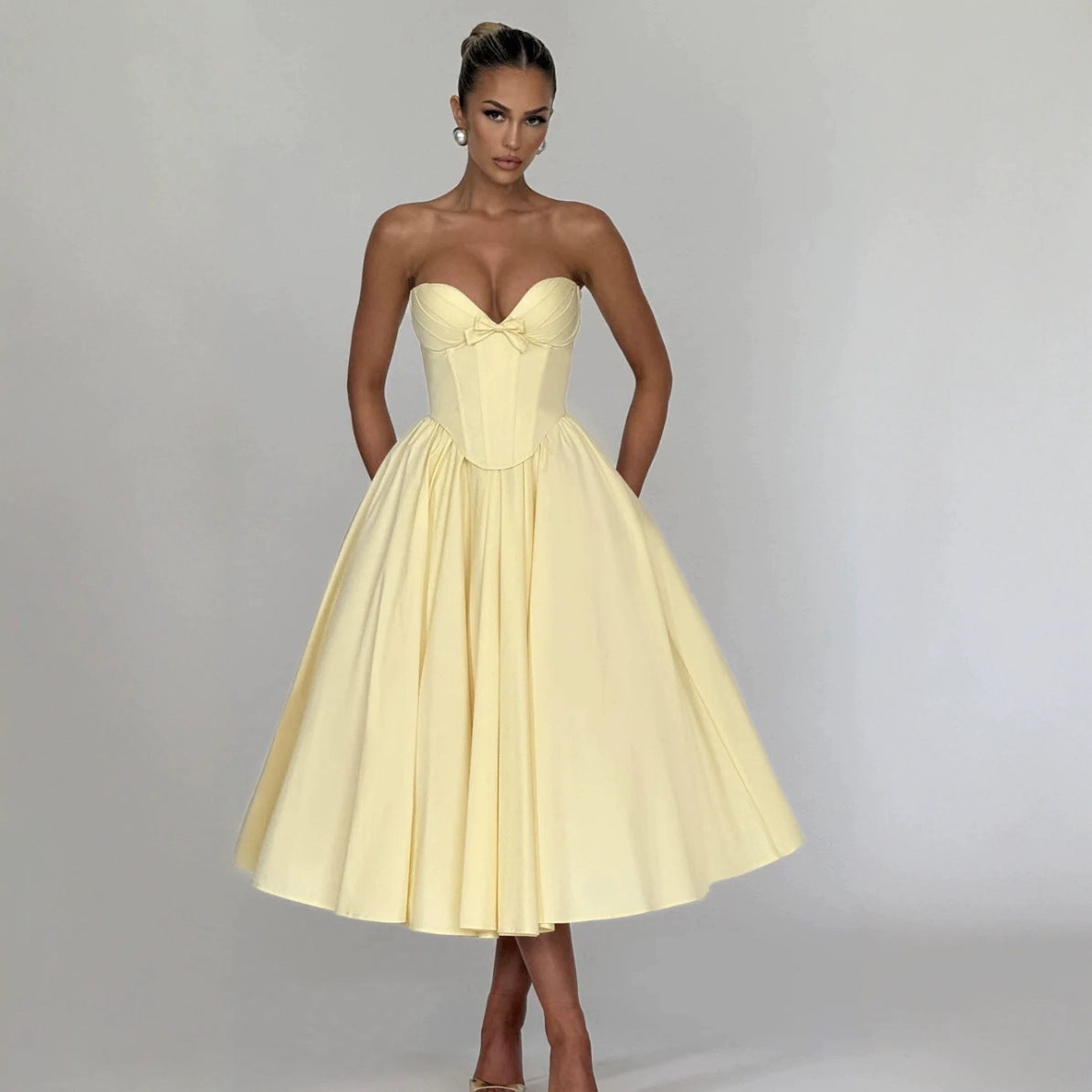 Women Sexy Strapless Backless Fishbone Waist Maxi Dress 3