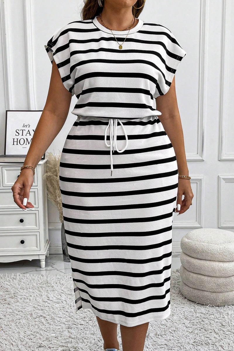 Women's Round Neck Stripe Print Drawstring Slim Waist Casual Dress
