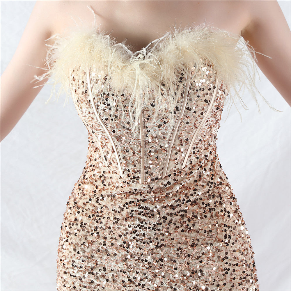 Women palace fishbone vest-ordered ostrich plush bottom sequined evening dress 25