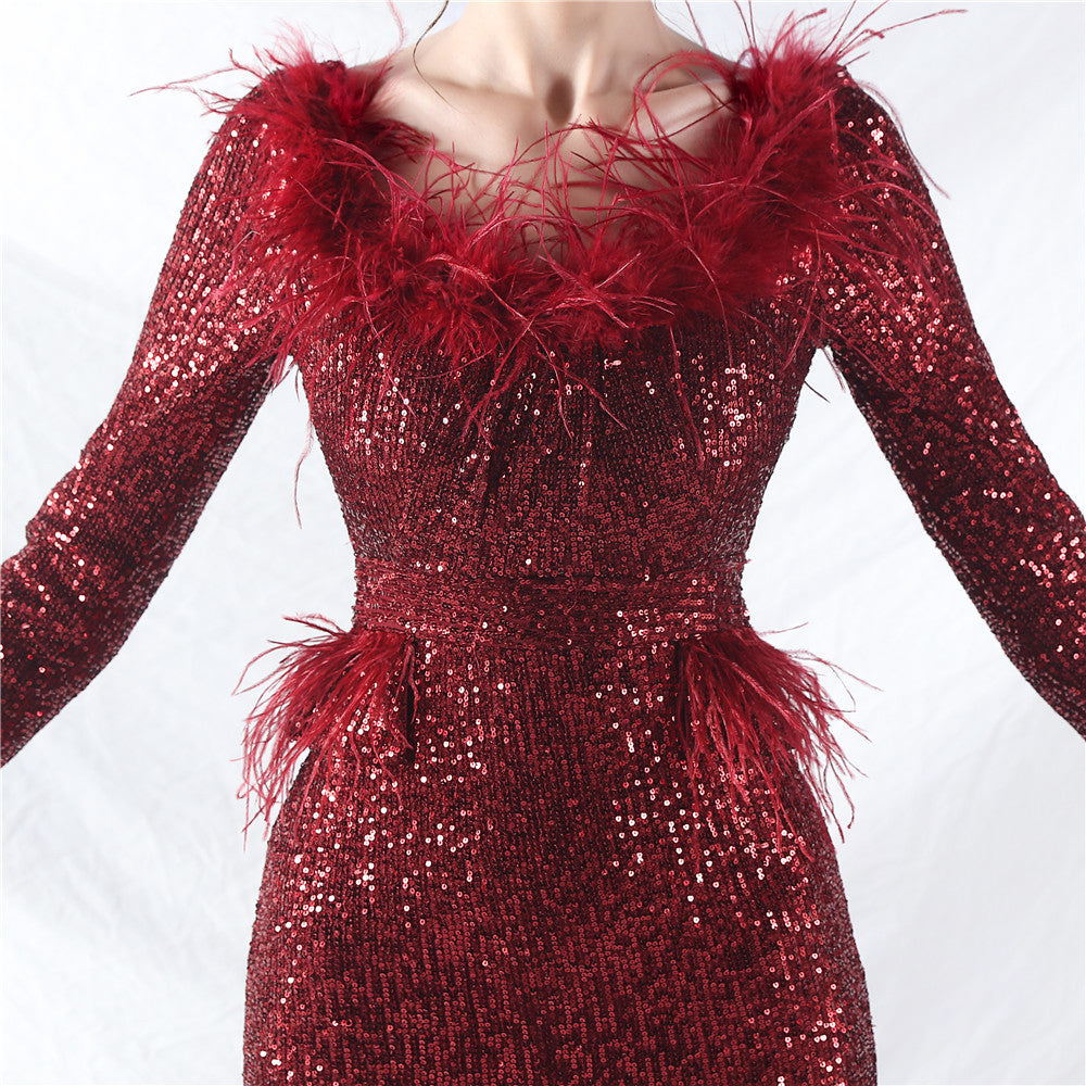 Women ostrich feather long-sleeved sequined evening dress 27